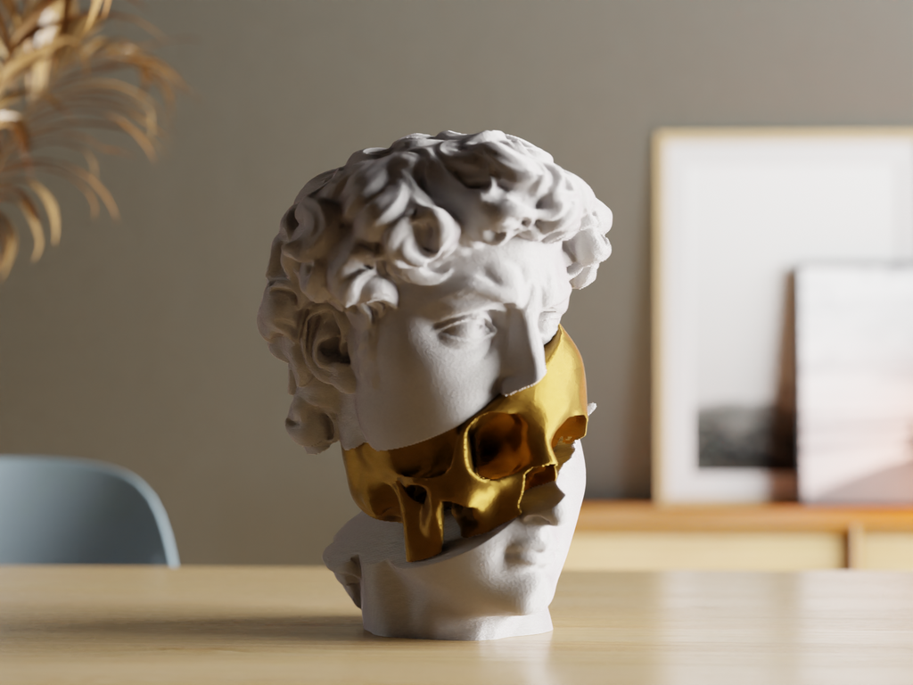 AUREUS DAVID – Skulptur „Split Bust“ mit Gold-Schädel (3D-Druck, Deko)
