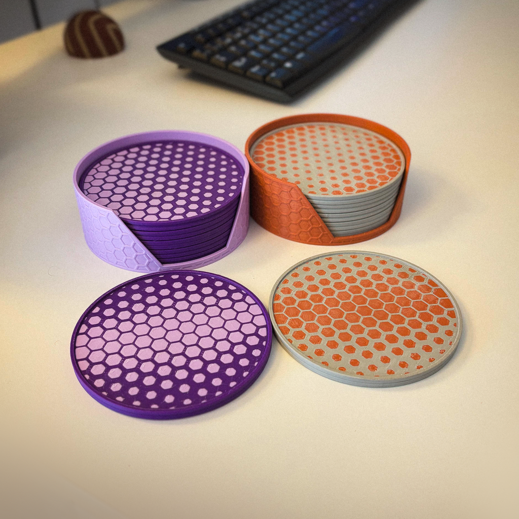 HEXA COASTER – Untersetzer-Set mit Halter (3D-Druck, Wabenstruktur)