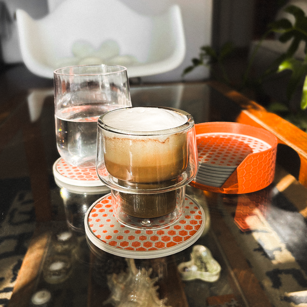 HEXA COASTER – Untersetzer-Set mit Halter (3D-Druck, Wabenstruktur)