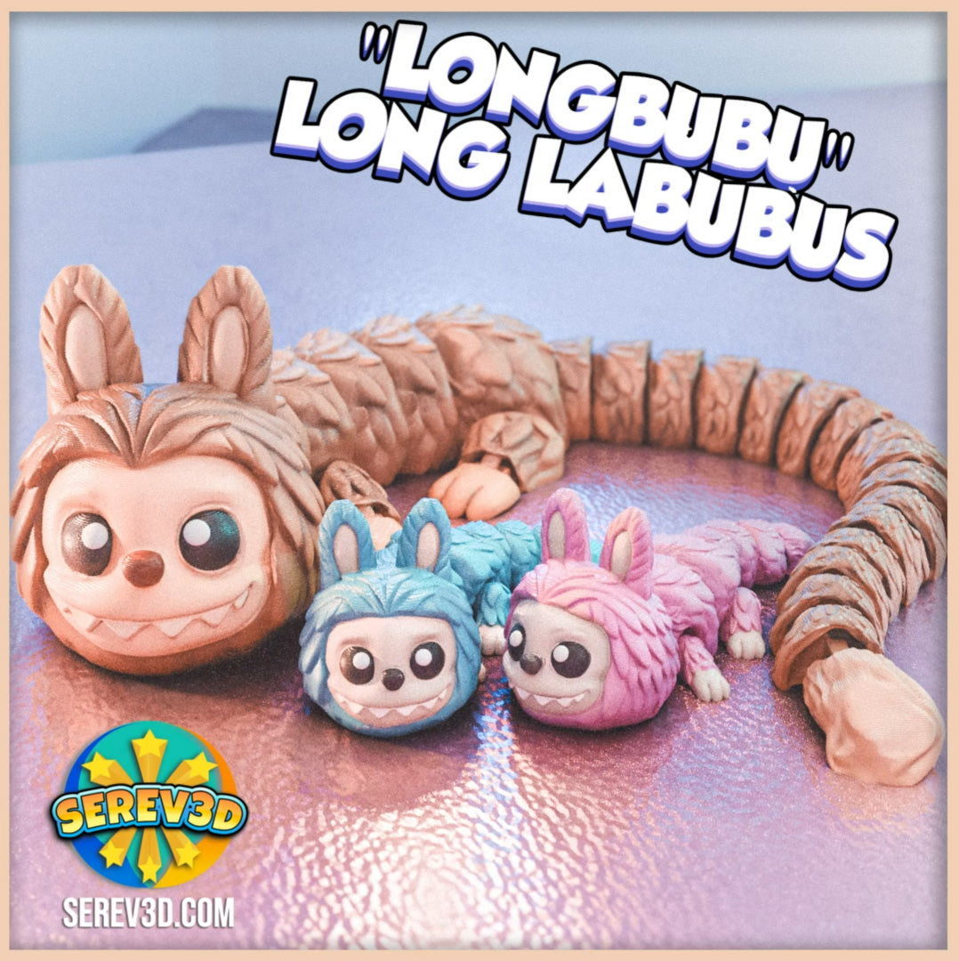 Set „LongBubu / Long LaBubus” – 3 Stk. (1 Groß + 2 Mini) – 3D-Druck, bewegliche Segmente